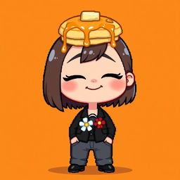 A pixel art character of a girl aged 13-14 with a funny expression, featuring closed eyes and a cheerful smile