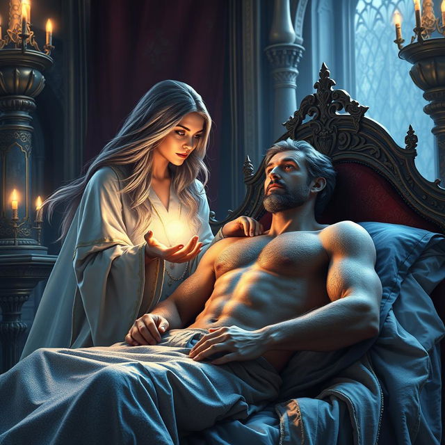 A fantasy scene depicting a human female healer aged 40, with long flowing hair and wearing a shimmering, ethereal robe, gently tending to a sick man aged 40 lying in a regal bed