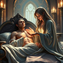 A fantasy scene depicting a human female healer aged 40, with long flowing hair and wearing a shimmering, ethereal robe, gently tending to a sick man aged 40 lying in a regal bed