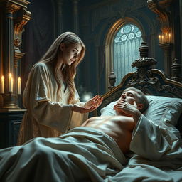A fantasy scene depicting a human female healer aged 40, with long flowing hair and wearing a shimmering, ethereal robe, gently tending to a sick man aged 40 lying in a regal bed