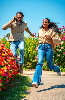 A dynamic scene featuring a middle-aged Black man with a beard and spectacles, joyfully jumping over a colorful flower hedge while holding a cell phone to his ear