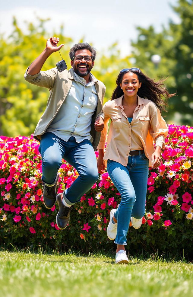 A dynamic scene featuring a middle-aged Black man with a beard and spectacles, joyfully jumping over a colorful flower hedge while holding a cell phone to his ear