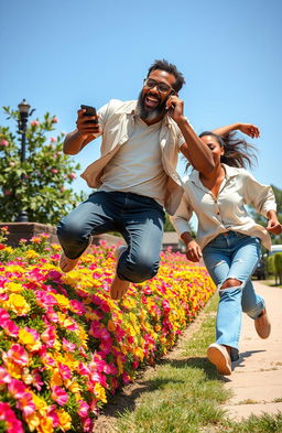 A dynamic scene featuring a middle-aged Black man with a beard and spectacles, joyfully jumping over a colorful flower hedge while holding a cell phone to his ear