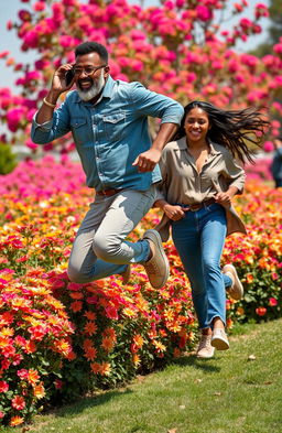 A dynamic scene featuring a middle-aged Black man with a beard and spectacles, joyfully jumping over a colorful flower hedge while holding a cell phone to his ear
