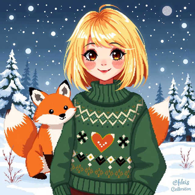 A delightful pixel art illustration of a fantasy girl with a stylish blonde bob haircut, radiating charm and warmth