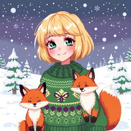 A delightful pixel art illustration of a fantasy girl with a stylish blonde bob haircut, radiating charm and warmth