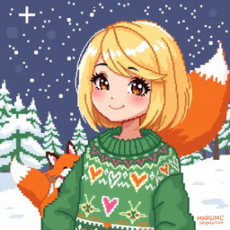 A delightful pixel art illustration of a fantasy girl with a stylish blonde bob haircut, radiating charm and warmth