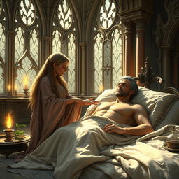 A fantasy scene depicting a human female healer aged 40, with long flowing hair and wearing a flowing robe, gently touching a sick 40-year-old man who is lying in bed with his chest exposed, the bedcovers pulled down