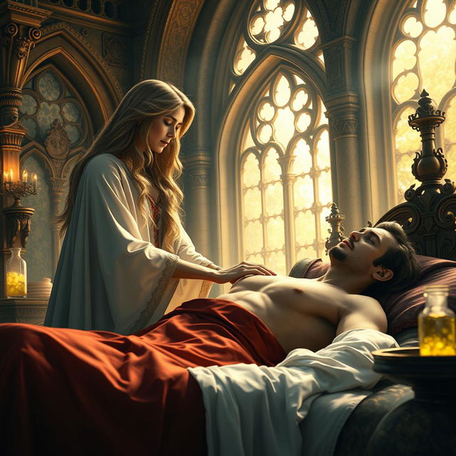 A fantasy scene depicting a human female healer aged 40, with long flowing hair and wearing a flowing robe, gently touching a sick 40-year-old man who is lying in bed with his chest exposed, the bedcovers pulled down