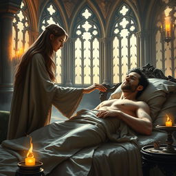 A fantasy scene depicting a human female healer aged 40, with long flowing hair and wearing a flowing robe, gently touching a sick 40-year-old man who is lying in bed with his chest exposed, the bedcovers pulled down