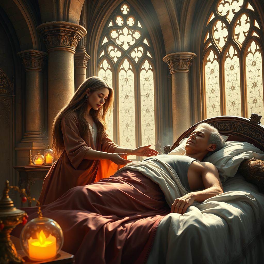 A fantasy scene depicting a human female healer aged 40, with long flowing hair and wearing a flowing robe, gently touching a sick 40-year-old man who is lying in bed with his chest exposed, the bedcovers pulled down