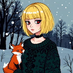 A captivating pixel art illustration of a goth girl with striking blonde bob hairstyle, embodying a unique blend of style and attitude