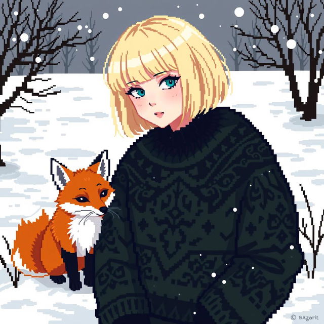 A captivating pixel art illustration of a goth girl with striking blonde bob hairstyle, embodying a unique blend of style and attitude