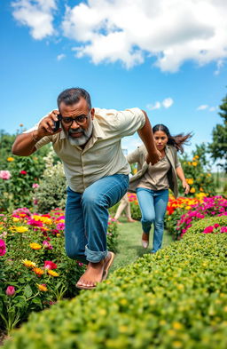 A middle-aged Black man with a beard and spectacles, looking worried, leaps over a flower hedge while holding a cell phone to his ear