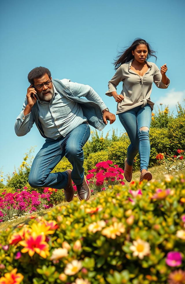 A middle-aged Black man with a beard and spectacles, looking worried, leaps over a flower hedge while holding a cell phone to his ear