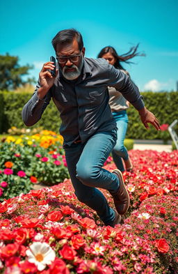 A middle-aged Black man with a beard and spectacles, looking worried, leaps over a flower hedge while holding a cell phone to his ear