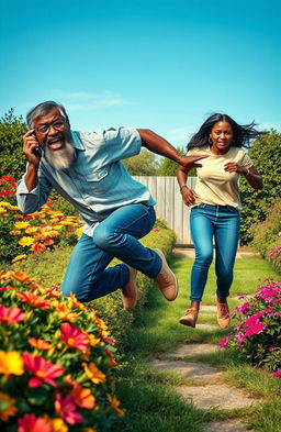A middle-aged Black man with a beard and spectacles, looking worried, leaps over a flower hedge while holding a cell phone to his ear