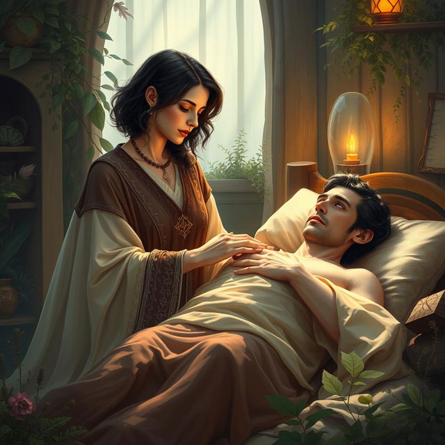 A fantasy scene featuring a female healer with short, wavy dark hair, around 40 years old, energetically touching the chest of an injured male figure, aged 45, also with short dark wavy hair