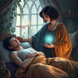 A fantasy scene featuring a female healer with short, wavy dark hair, around 40 years old, energetically touching the chest of an injured male figure, aged 45, also with short dark wavy hair