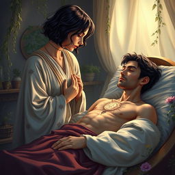 A fantasy scene featuring a female healer with short, wavy dark hair, around 40 years old, energetically touching the chest of an injured male figure, aged 45, also with short dark wavy hair