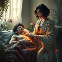 A fantasy scene featuring a female healer with short, wavy dark hair, around 40 years old, energetically touching the chest of an injured male figure, aged 45, also with short dark wavy hair