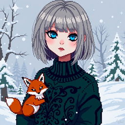 A captivating pixel art depiction of a goth girl with alluring blue eyes and long bob styled ash blonde hair, embodying a unique fashion sense