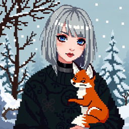 A captivating pixel art depiction of a goth girl with alluring blue eyes and long bob styled ash blonde hair, embodying a unique fashion sense