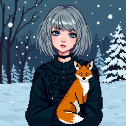 A captivating pixel art depiction of a goth girl with alluring blue eyes and long bob styled ash blonde hair, embodying a unique fashion sense