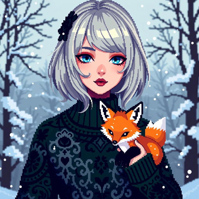 A captivating pixel art depiction of a goth girl with alluring blue eyes and long bob styled ash blonde hair, embodying a unique fashion sense