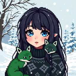 A striking pixel art illustration of a goth girl with captivating blue eyes and stylish ash-colored hair, prominently set against a winter backdrop