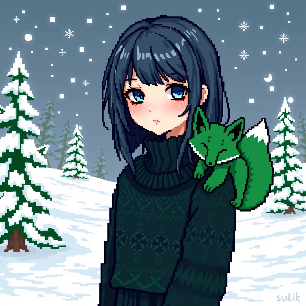 A striking pixel art illustration of a goth girl with captivating blue eyes and stylish ash-colored hair, prominently set against a winter backdrop