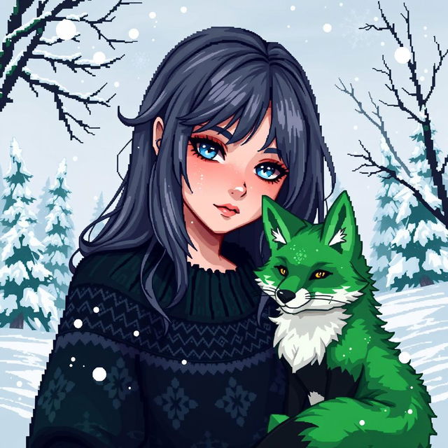 A striking pixel art illustration of a goth girl with captivating blue eyes and stylish ash-colored hair, prominently set against a winter backdrop