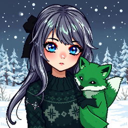 A striking pixel art illustration of a goth girl with captivating blue eyes and stylish ash-colored hair, prominently set against a winter backdrop