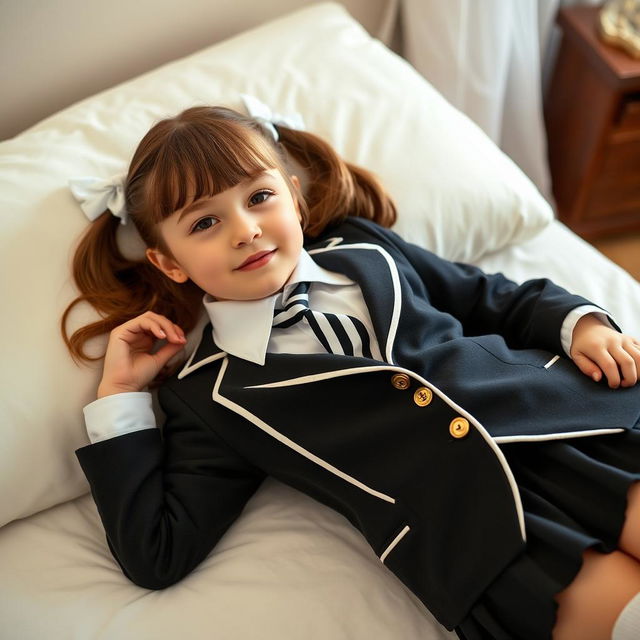 A portrait of a European girl in a beautifully styled bedroom, featuring soft, inviting lighting