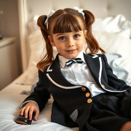 A portrait of a European girl in a beautifully styled bedroom, featuring soft, inviting lighting