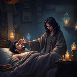 A fantasy scene depicting a human female healer with short, wavy dark hair, aged 40, gently touching an injured human male, aged 45, who has short, dark wavy hair and is lying in bed, looking sick