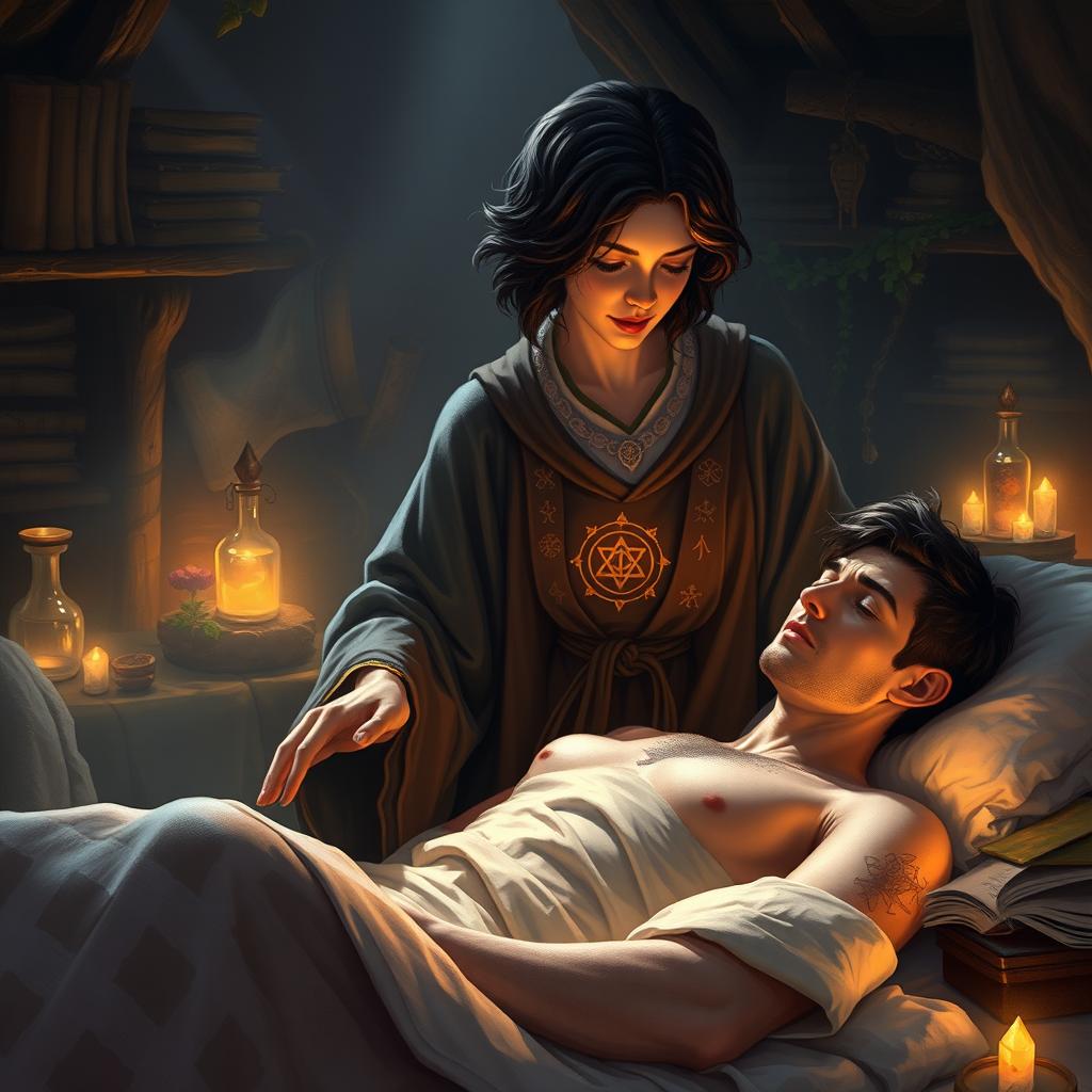 A fantasy scene depicting a human female healer with short, wavy dark hair, aged 40, gently touching an injured human male, aged 45, who has short, dark wavy hair and is lying in bed, looking sick