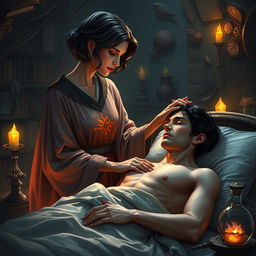 A fantasy scene depicting a human female healer with short, wavy dark hair, aged 40, gently touching an injured human male, aged 45, who has short, dark wavy hair and is lying in bed, looking sick