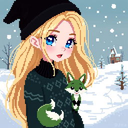 A charming pixel art depiction of a goth girl with enchanting blue eyes and flowing blonde hair, encapsulating a unique gothic style
