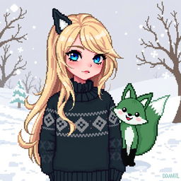 A charming pixel art depiction of a goth girl with enchanting blue eyes and flowing blonde hair, encapsulating a unique gothic style