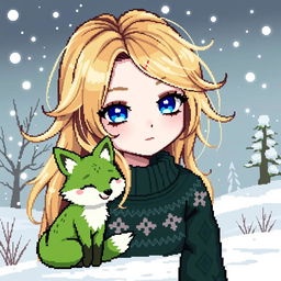 A charming pixel art depiction of a goth girl with enchanting blue eyes and flowing blonde hair, encapsulating a unique gothic style