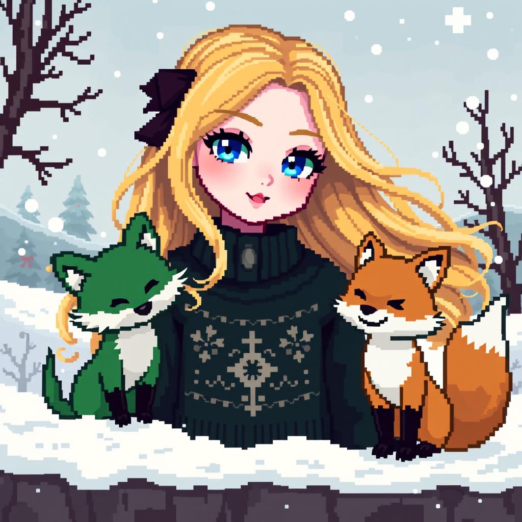 A charming pixel art depiction of a goth girl with enchanting blue eyes and flowing blonde hair, encapsulating a unique gothic style