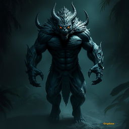 An impressive depiction of a 'Makhluk Bayangan' (Shadow Beast), showcasing a handsome and imposing figure rooted in Indonesian mythology