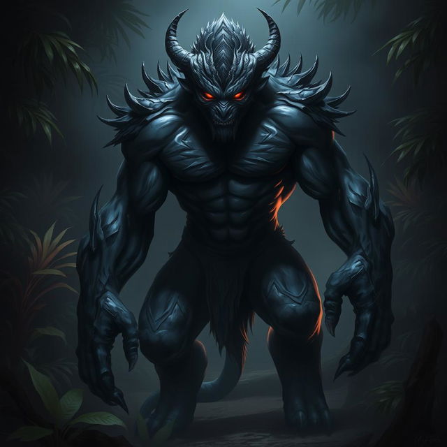 An impressive depiction of a 'Makhluk Bayangan' (Shadow Beast), showcasing a handsome and imposing figure rooted in Indonesian mythology