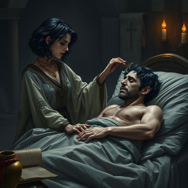 A captivating scene depicting a fantasy human female healer aged 45, with short wavy dark hair, gently touching a 45-year-old injured fantasy human male who is lying in bed, looking at her with a pained expression