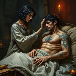 A captivating scene depicting a fantasy human female healer aged 45, with short wavy dark hair, gently touching a 45-year-old injured fantasy human male who is lying in bed, looking at her with a pained expression