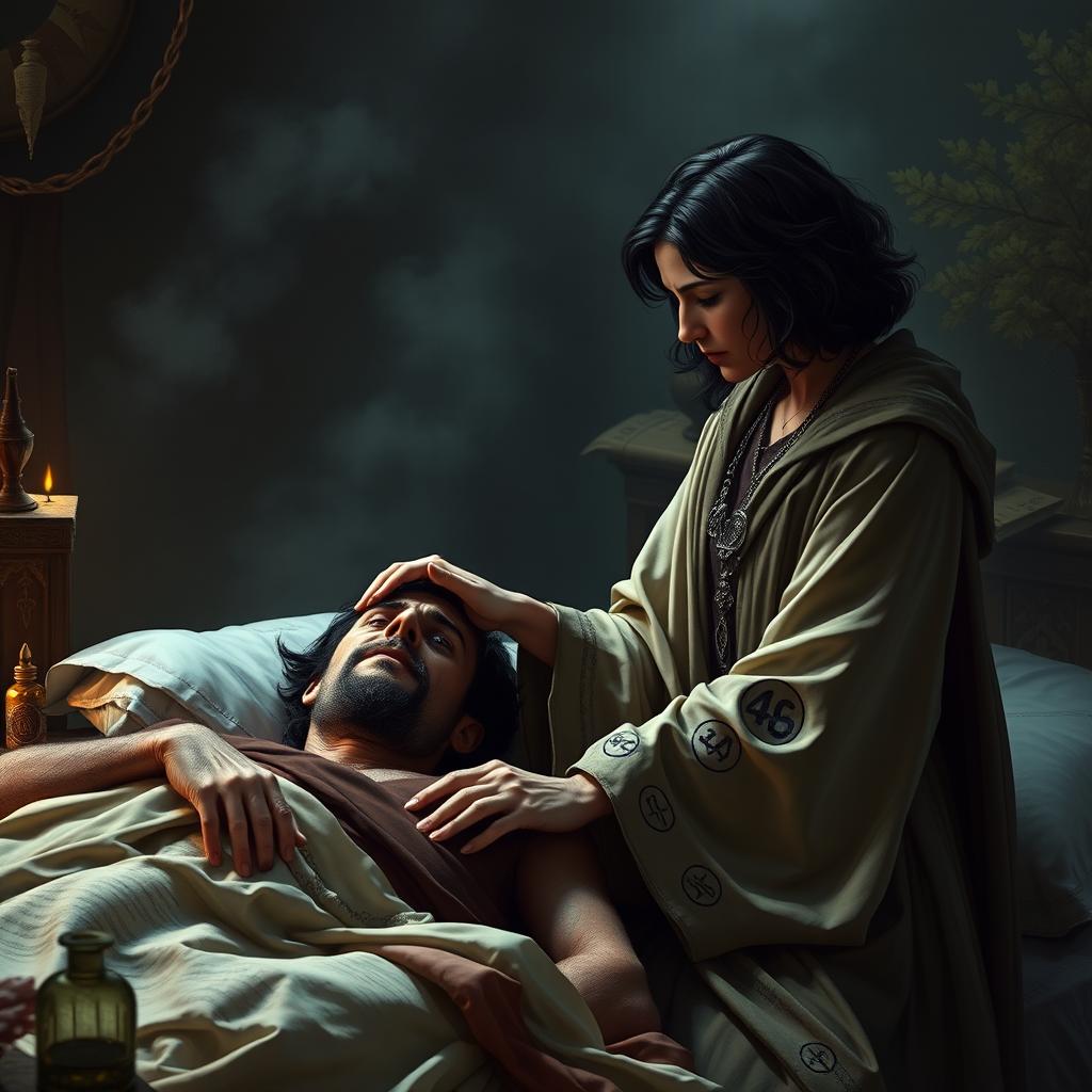 A captivating scene depicting a fantasy human female healer aged 45, with short wavy dark hair, gently touching a 45-year-old injured fantasy human male who is lying in bed, looking at her with a pained expression