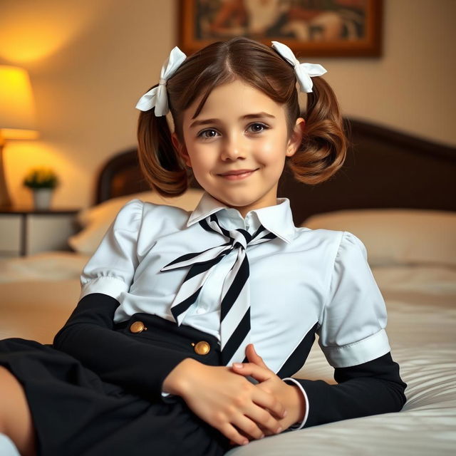 A portrait of a European girl in a tastefully designed bedroom, featuring warm, soft lighting