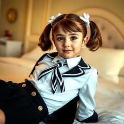 A portrait of a European girl in a tastefully designed bedroom, featuring warm, soft lighting