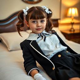 A portrait of a European girl in a tastefully designed bedroom, featuring warm, soft lighting